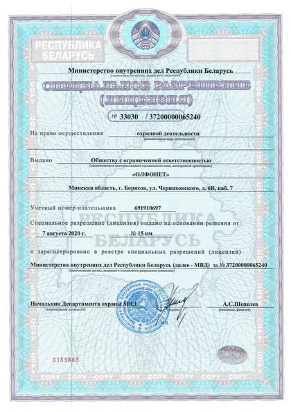 Лицензия МВД на проектирование и монтаж систем безопасности, лист 1